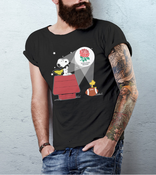 England Rugby RFU Snoopy Doghouse Spotlight With Woodstock And Rugby Ball T-Shirt