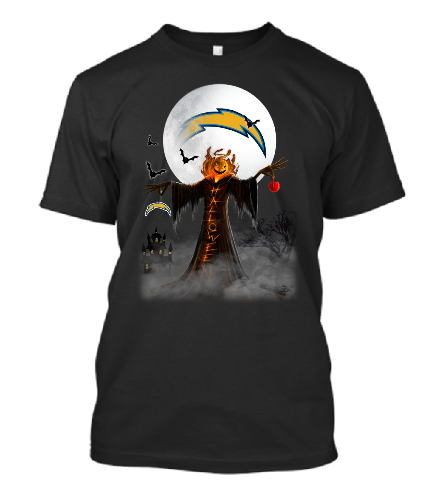 Halloween Los Angeles Chargers Moonlit Pumpkin Scarecrow With Bats And Haunted Castle T-Shirt