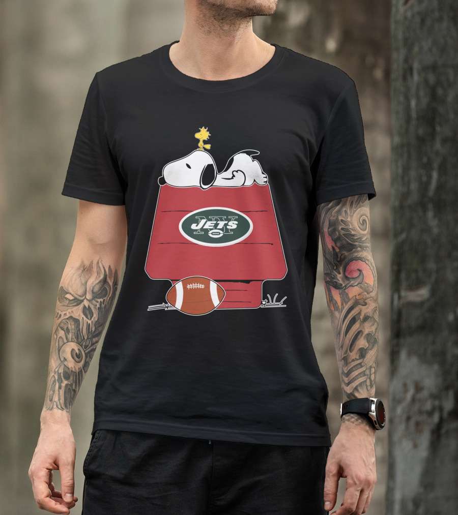 Snoopy On Doghouse With New York Jets Football Logo And Woodstock T-Shirt