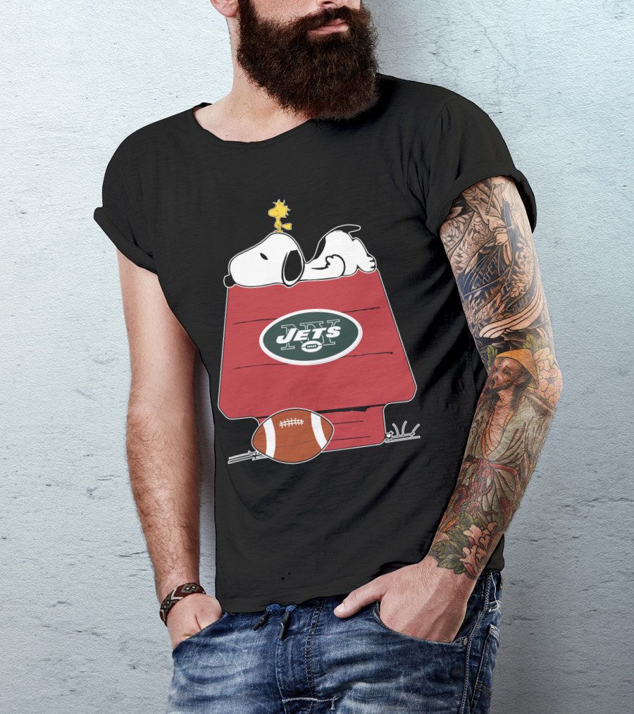 Snoopy On Doghouse With New York Jets Football Logo And Woodstock T-Shirt