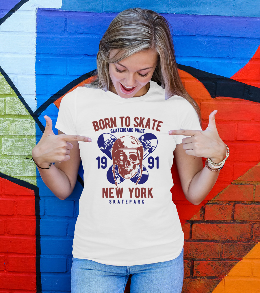 Born To Skate New York Skatepark 1991 Skull Skateboard Pride T-Shirt
