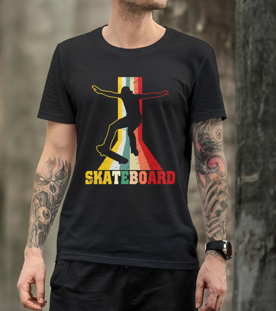 Retro Skateboard Silhouette With Vintage Color Stripes T-Shirt