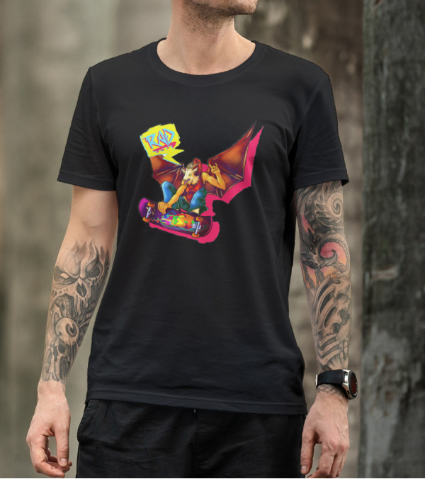 RAD Bat-Winged Skateboarder With Neon Graffiti Aesthetic T-Shirt