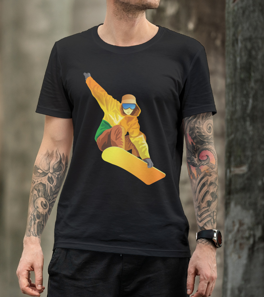 Snowboard Enthusiast In Vibrant Orange And Green T-Shirt