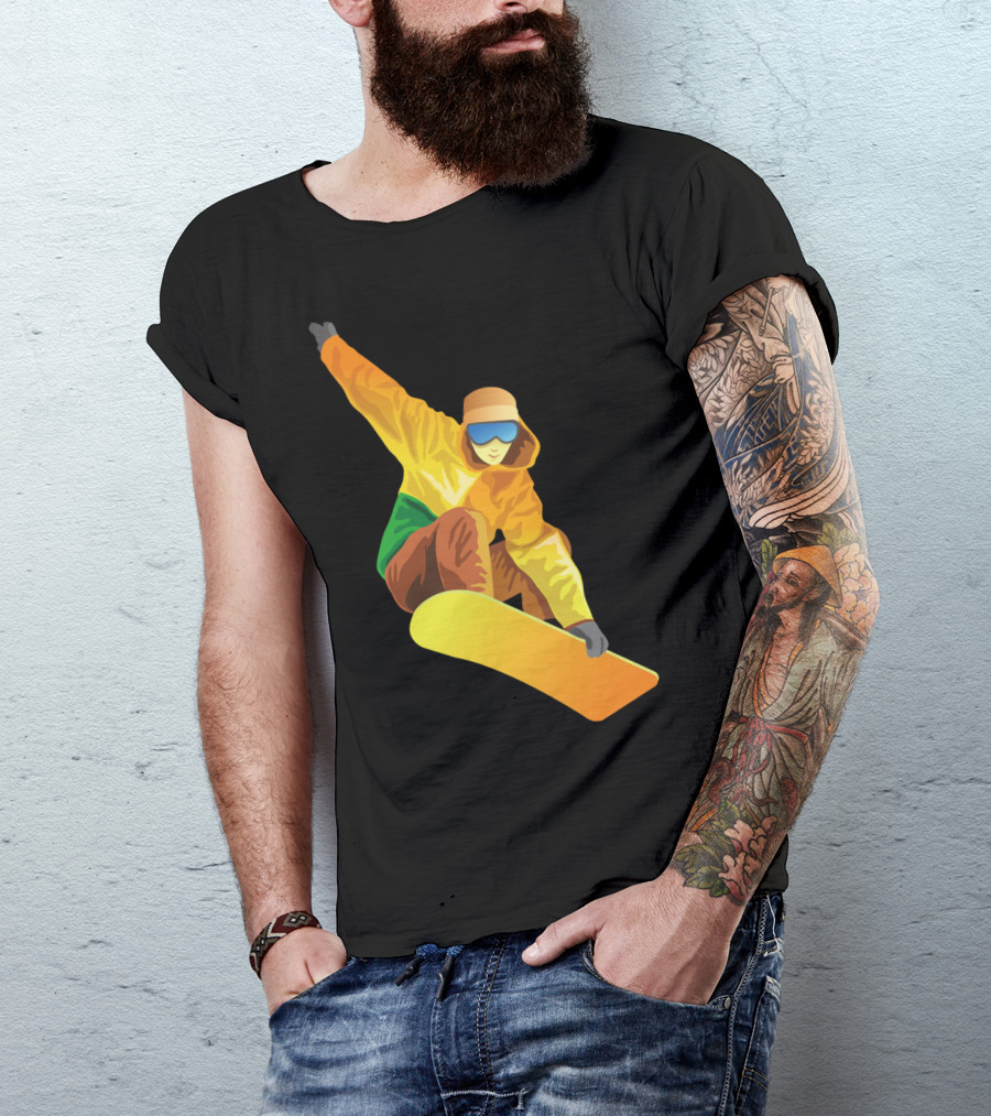 Snowboard Enthusiast In Vibrant Orange And Green T-Shirt