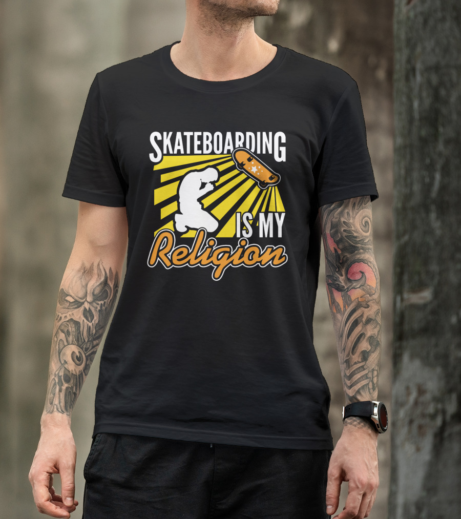 Skateboarding Is My Religion Kneeling Silhouette With Skateboard And Sunburst T-Shirt