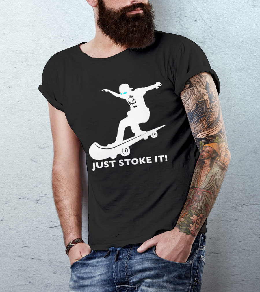 JUST STOKE IT Skateboarding Silhouette Skull T-Shirt
