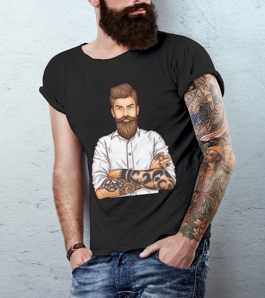 Barber Style Bearded Man With Tattoo T-Shirt