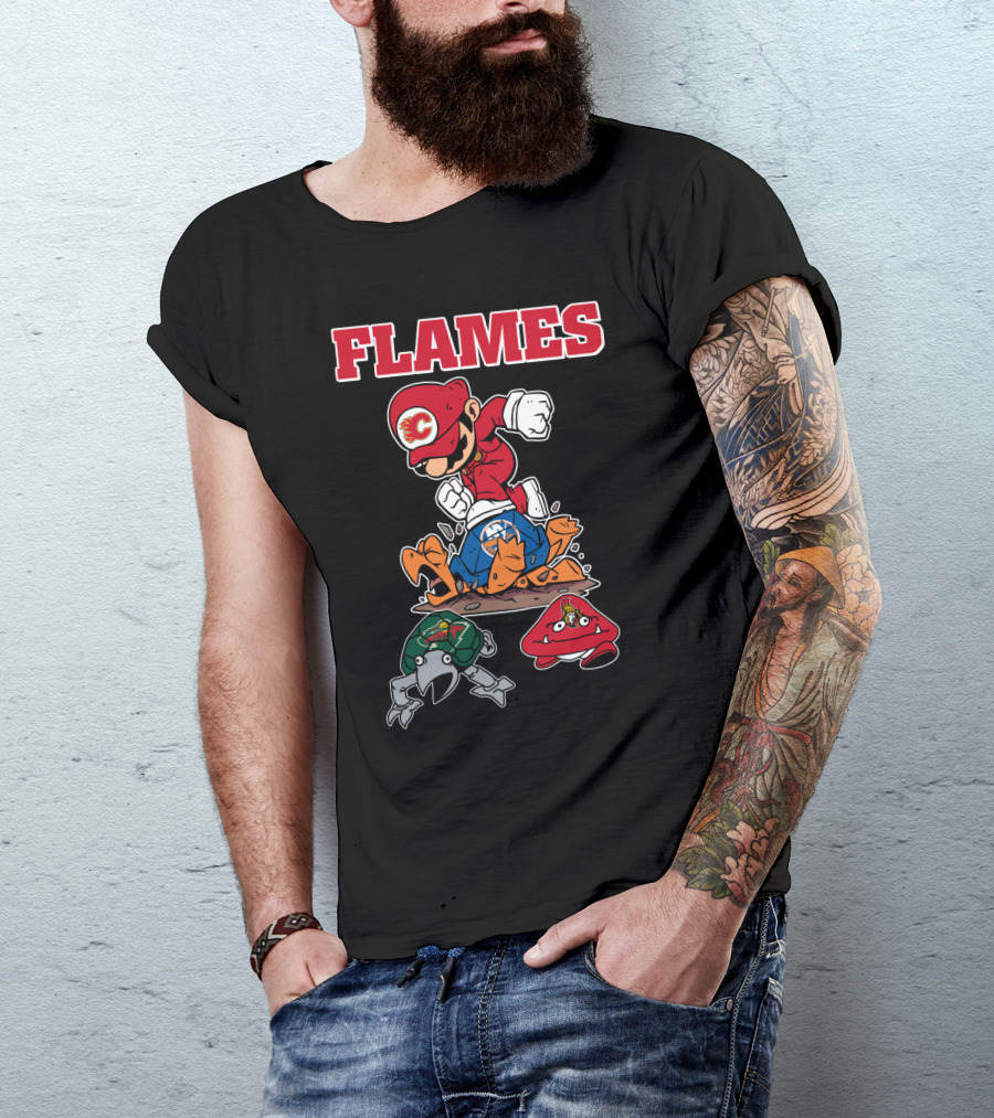 Calgary Flames Mario Parody Hockey Characters Retro Style T-Shirt