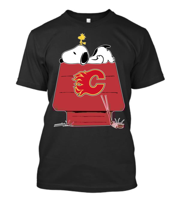 Snoopy And Woodstock On Calgary Flames Logo House T-Shirt