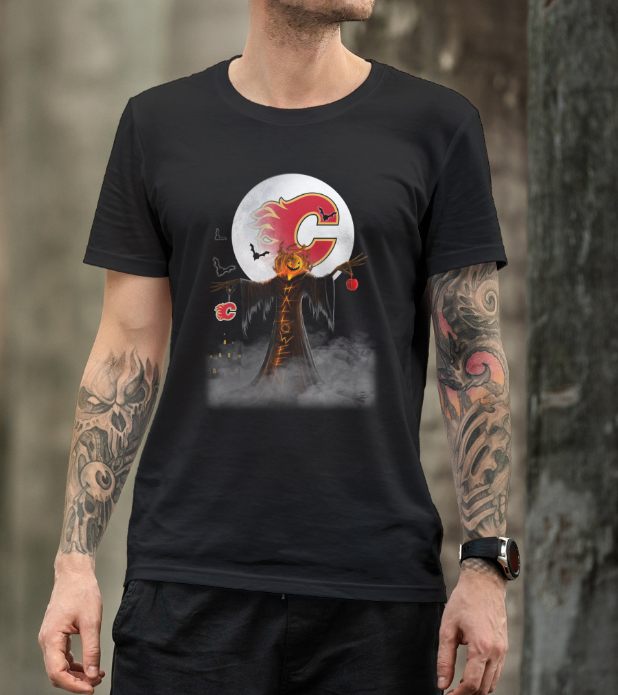 Halloween Calgary Flames Spooky Pumpkin Head With Full Moon And Bats T-Shirt