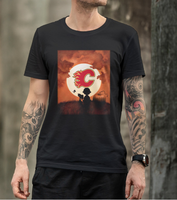 Calgary Flames Halloween Moon And Pumpkin T-Shirt