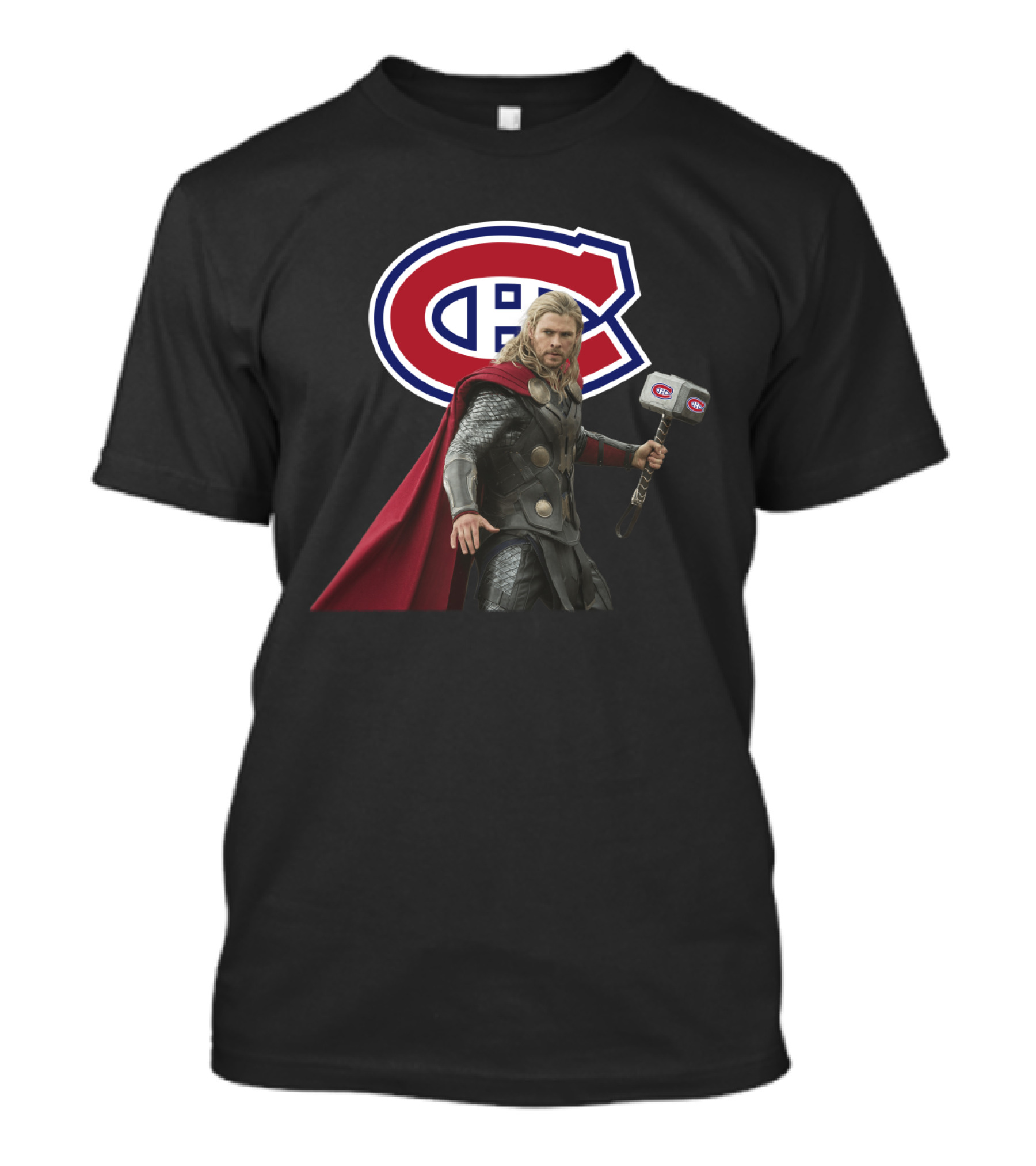 Canadiens Logo With Hero Holding Mjölnir Hammer T-Shirt