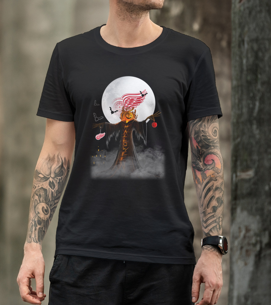Halloween Detroit Red Wings Pumpkin Moon Bats Castle T-Shirt