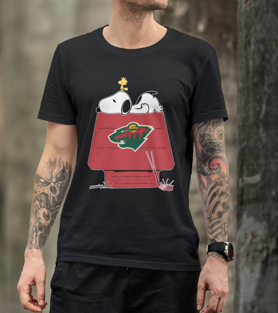 Snoopy On Doghouse With Minnesota Wild Logo And Hockey Gear T-Shirt
