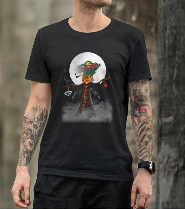 Halloween Pumpkin Scarecrow With Minnesota Wild Logo And Bats In Moonlit Haunted Scene T-Shirt