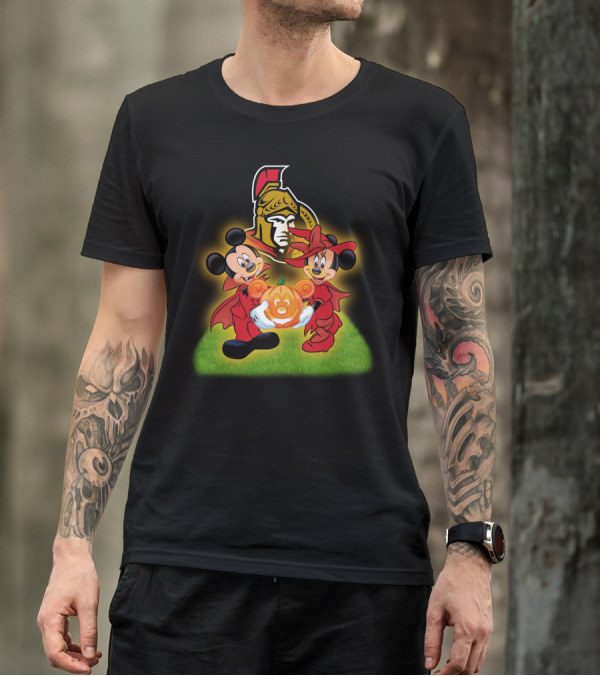 Mickey And Minnie Halloween Fun With Ottawa Senators Logo And Pumpkin T-Shirt