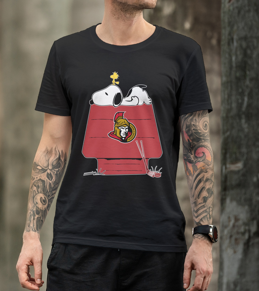 Snoopy And Woodstock On Ottawa Senators Doghouse With Hockey Sticks T-Shirt