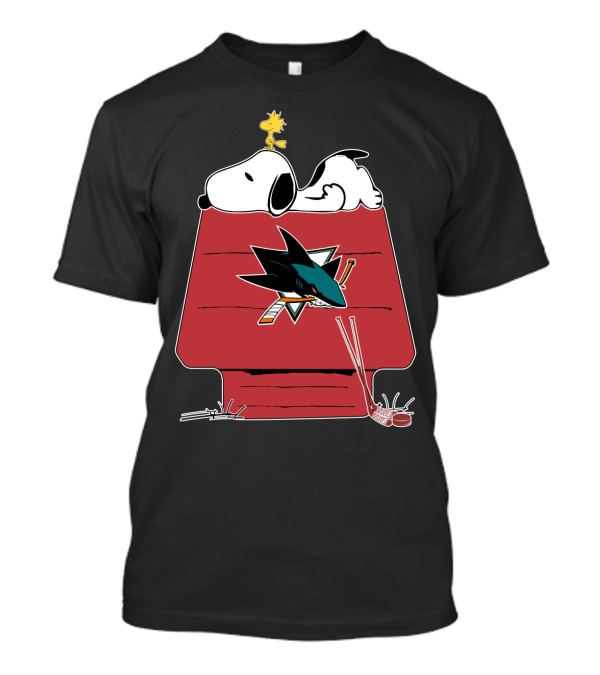 Snoopy And Woodstock On Doghouse With San Jose Sharks Logo And Hockey Sticks T-Shirt