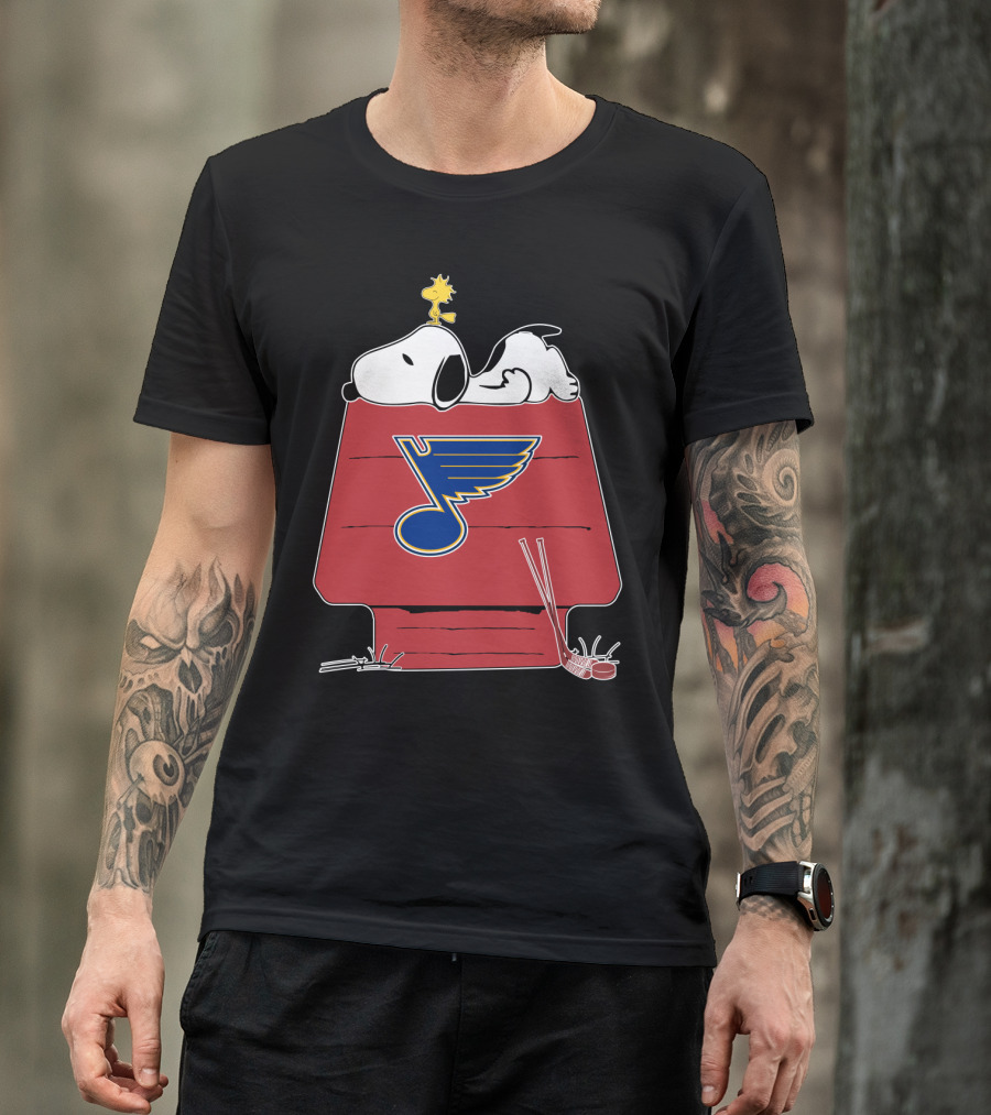 Snoopy And Woodstock With St. Louis Blues Logo On Doghouse T-Shirt