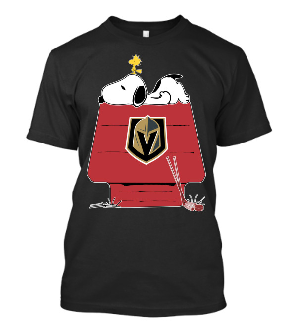 Snoopy Relaxing On Doghouse With Vegas Golden Knights Logo Featuring Hockey Sticks And Woodstock T-Shirt