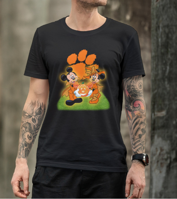 Clemson Halloween Football Mickey Minnie Pumpkin Paws T-Shirt