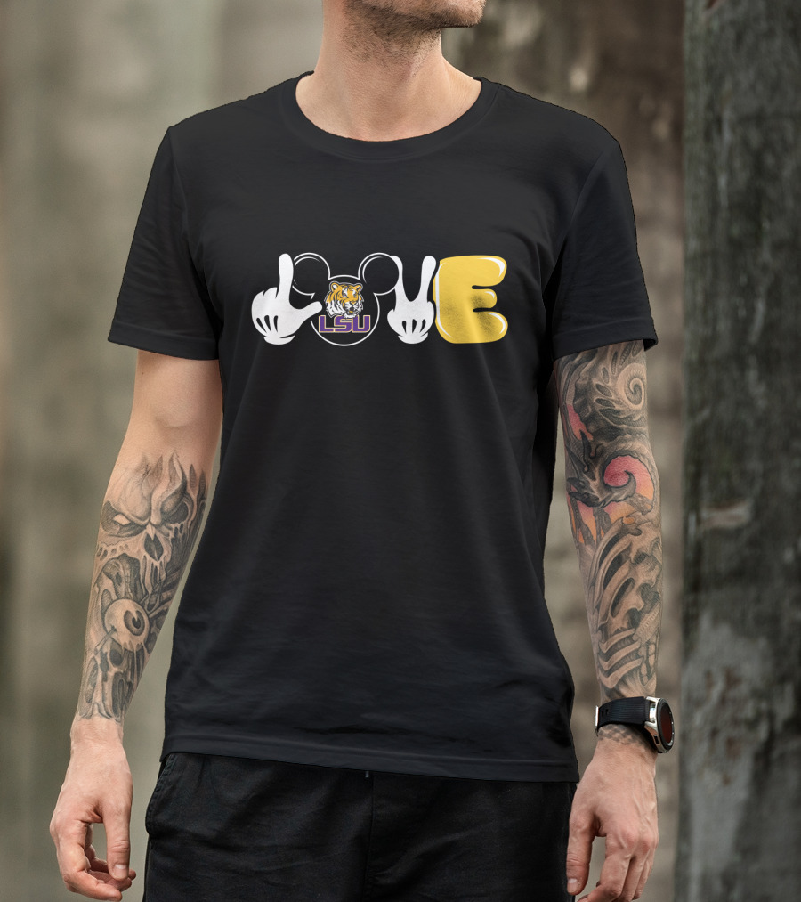 LSU Football Love With Tiger And Mickey Hands T-Shirt