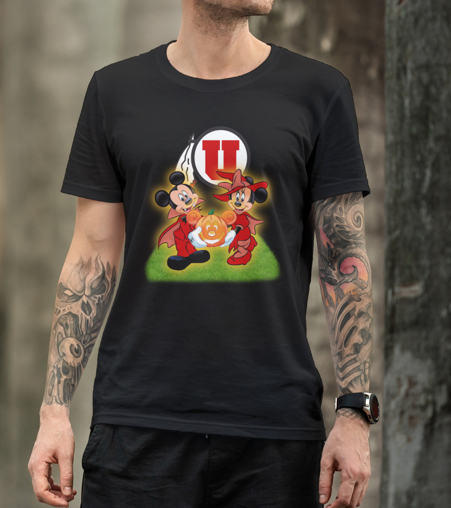 Utah U Halloween Football Pumpkin With Mickey And Minnie Mouse T-Shirt