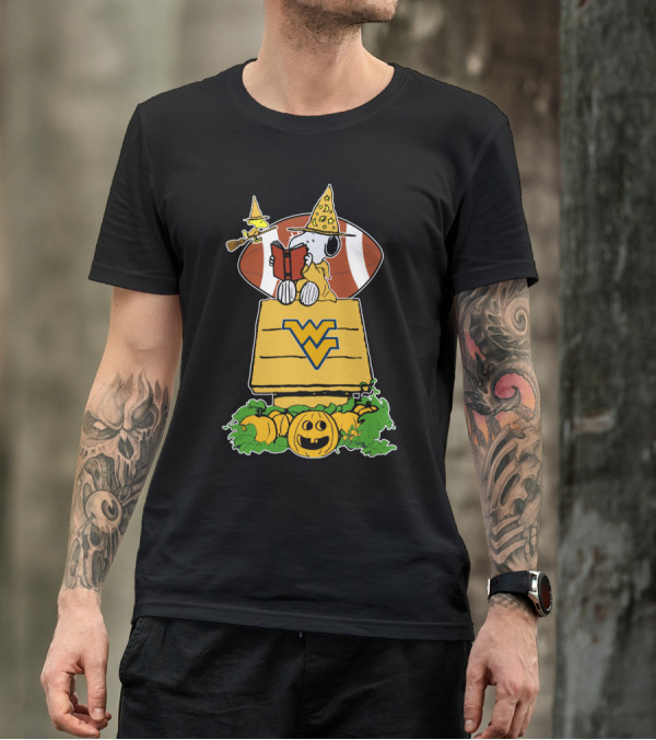 Snoopy Witch Reading On WVU Doghouse With Football And Pumpkins For Halloween T-Shirt