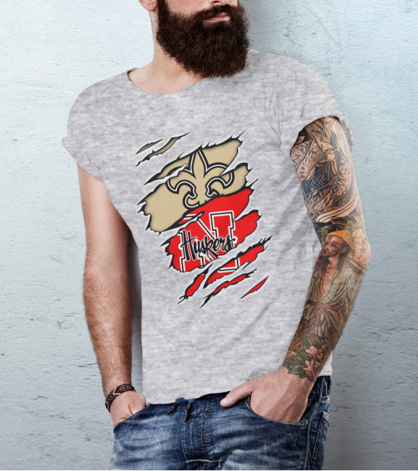 Saints Fleur-de-Lis And Huskers N Logo Combination T-Shirt