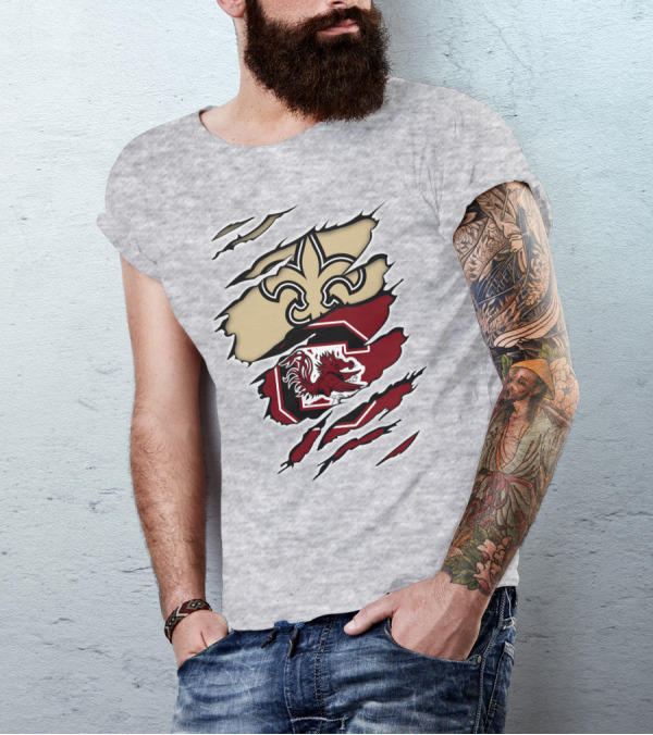 New Orleans Saints And South Carolina Gamecocks Logo Fusion T-Shirt