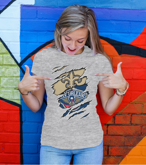 New Orleans Saints Pelicans Fleur-de-Lis Rip T-Shirt