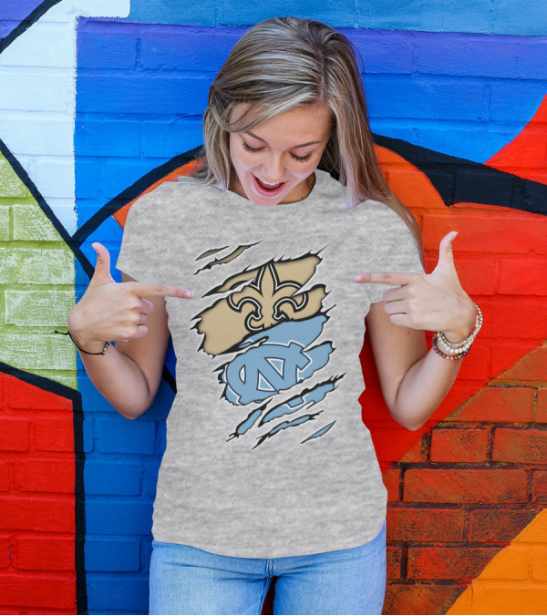 Saints Fleur-de-Lis And UNC Tar Heels NC Logo Fusion T-Shirt