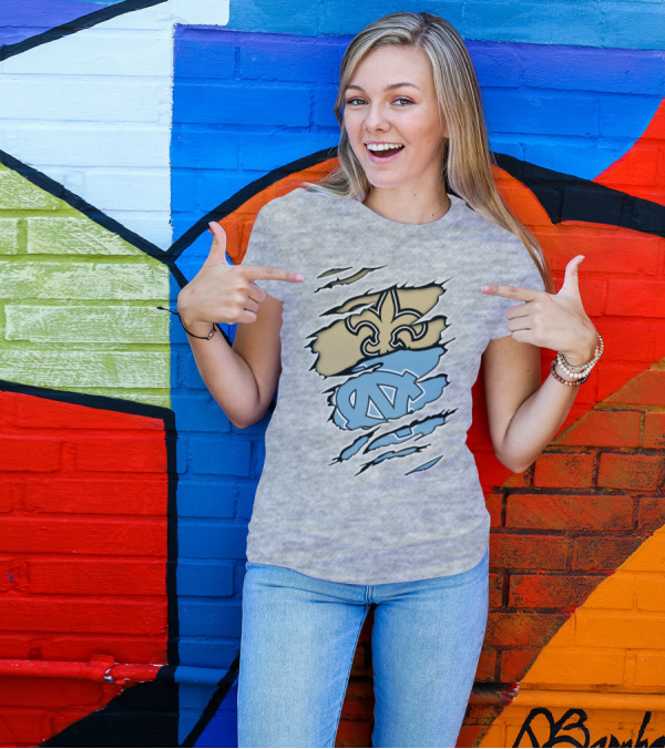Saints Fleur-de-Lis And UNC Tar Heels NC Logo Fusion T-Shirt