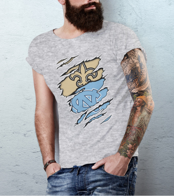 Saints Fleur-de-Lis And UNC Tar Heels NC Logo Fusion T-Shirt