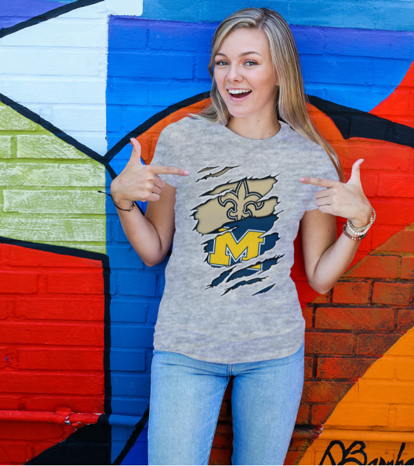 New Orleans Saints Fleur-De-Lis And Michigan Wolverines M Logo Ripped T-Shirt
