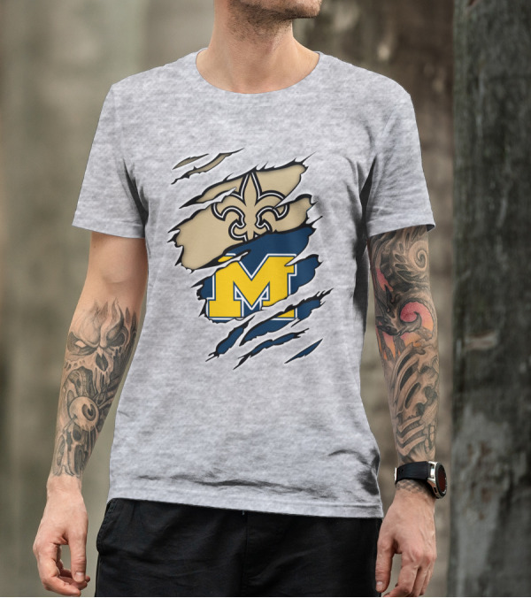 New Orleans Saints Fleur-De-Lis And Michigan Wolverines M Logo Ripped T-Shirt