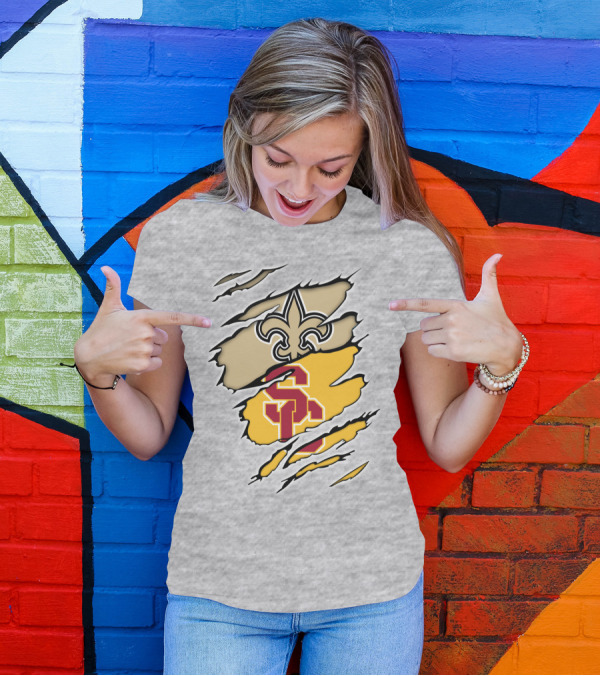 Saints Trojans USC Fleur-de-Lis Logo Combination T-Shirt