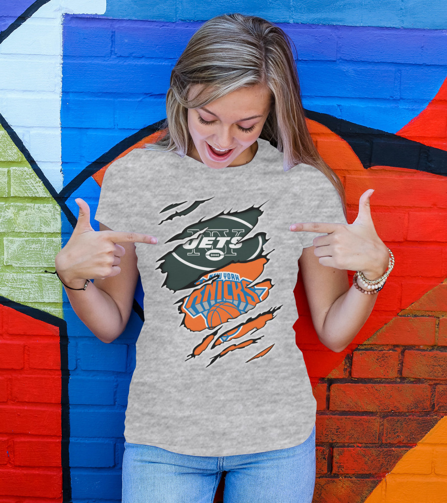 New York Jets Knicks Basketball Football Fan Crossover T-Shirt