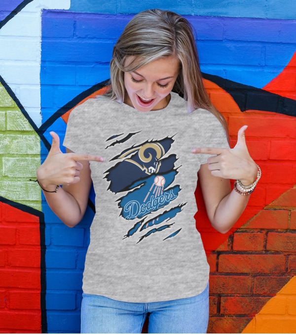 Rams Dodgers Scratch Tear Logo Crossover Fusion T-Shirt