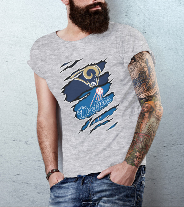 Rams Dodgers Scratch Tear Logo Crossover Fusion T-Shirt