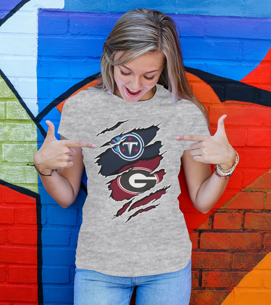 Tennessee Titans Georgia Bulldogs Claw Marks Fusion Logo With Team Icons And Colors T-Shirt
