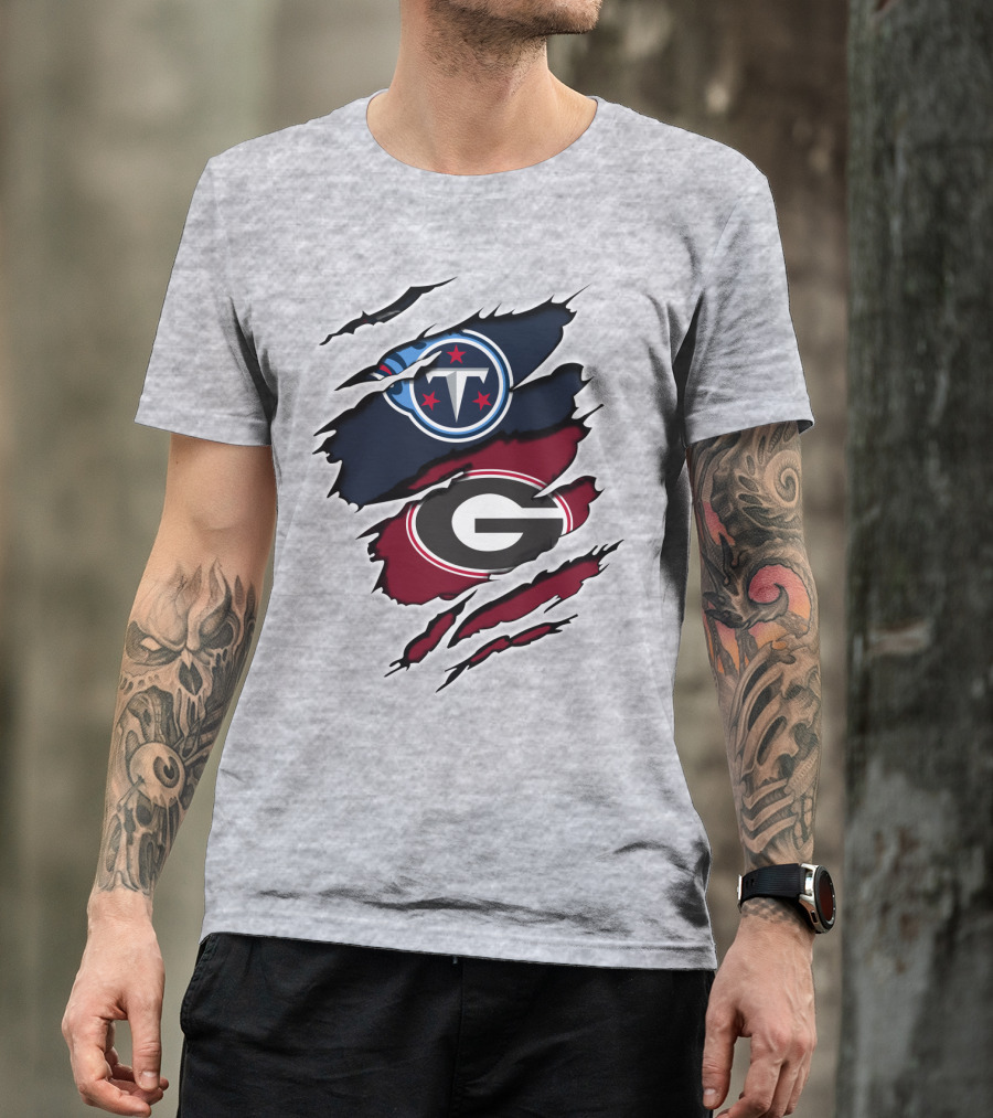 Tennessee Titans Georgia Bulldogs Claw Marks Fusion Logo With Team Icons And Colors T-Shirt