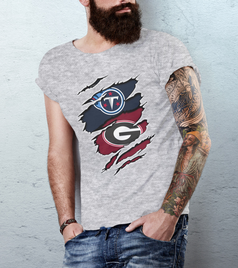 Tennessee Titans Georgia Bulldogs Claw Marks Fusion Logo With Team Icons And Colors T-Shirt
