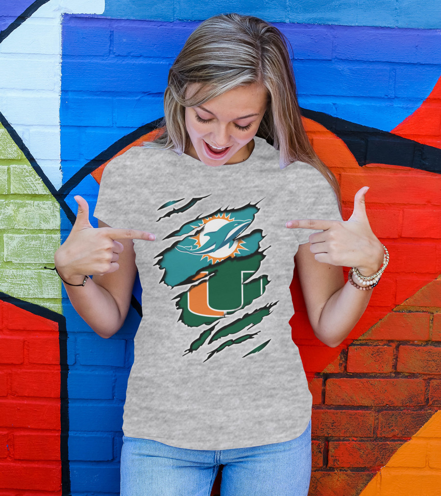Miami Dolphins Miami Hurricanes Fan Torn U Logo Dolphin T-Shirt
