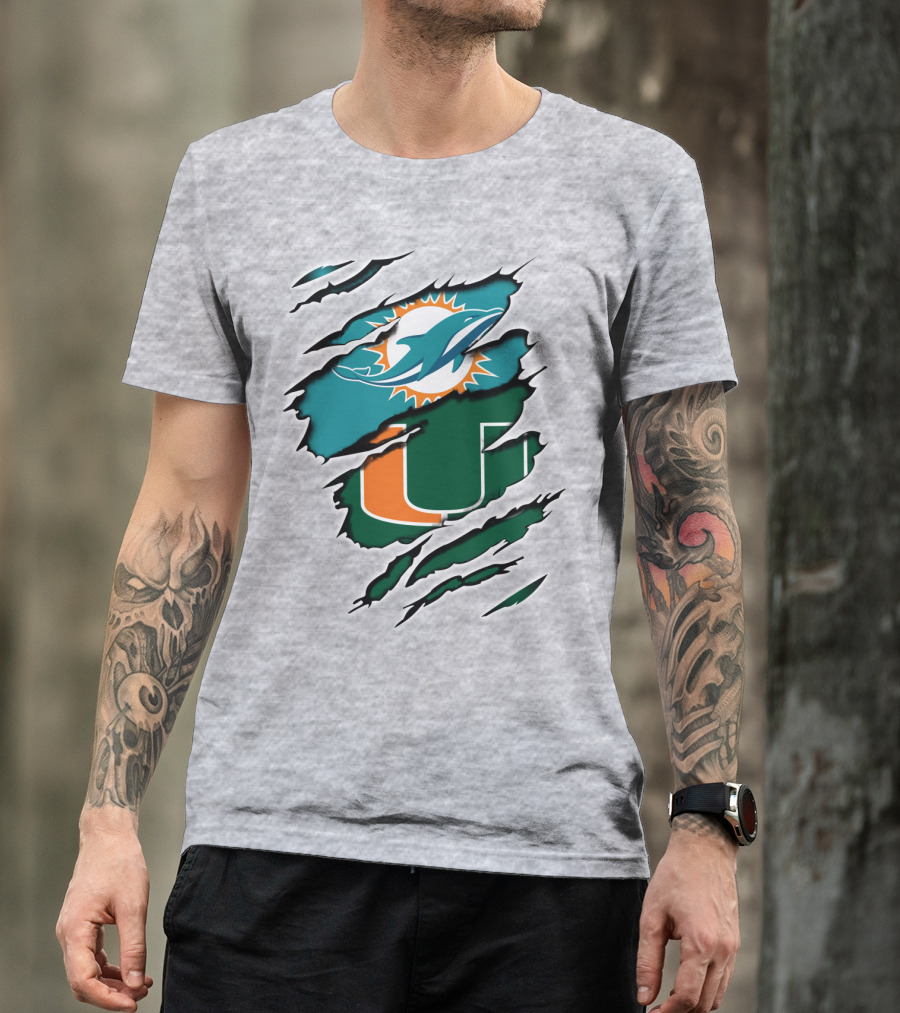 Miami Dolphins Miami Hurricanes Fan Torn U Logo Dolphin T-Shirt