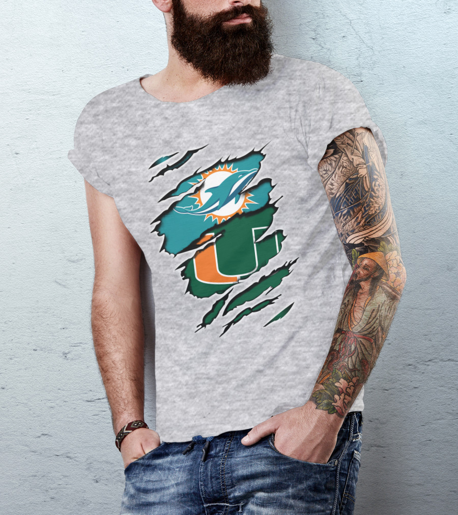 Miami Dolphins Miami Hurricanes Fan Torn U Logo Dolphin T-Shirt