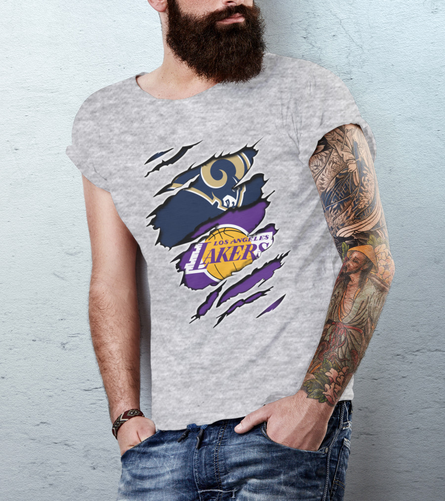 Los Angeles Rams Lakers Logos Scratch Sports Collaboration T-Shirt