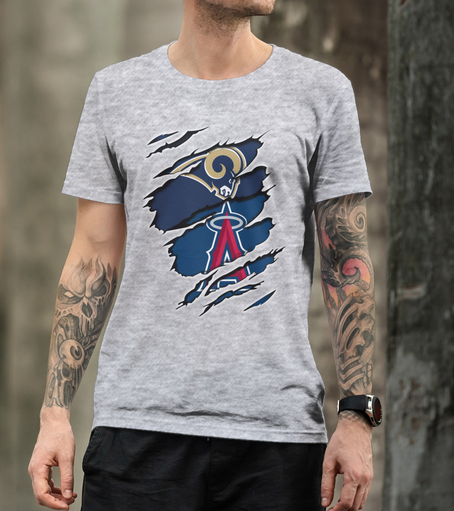 Rams Angels Rams Angles Logo Mashup On Ripped Blue Background T-Shirt