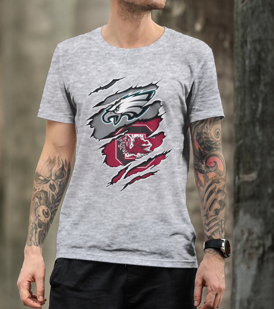 Eagles Gamecocks Logo Clash On Ripped Grey Background T-Shirt